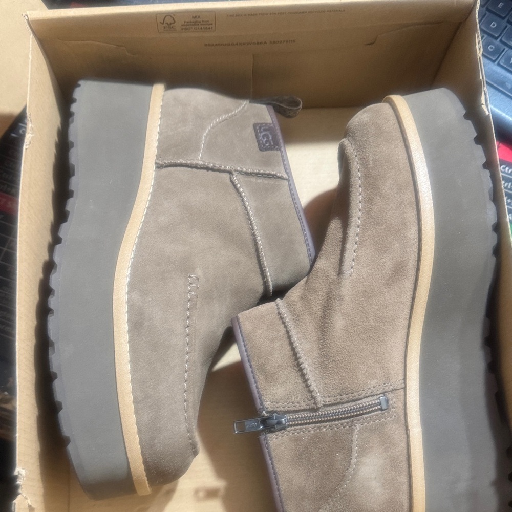 UGG Taupe Suede Platform Ankle Boots